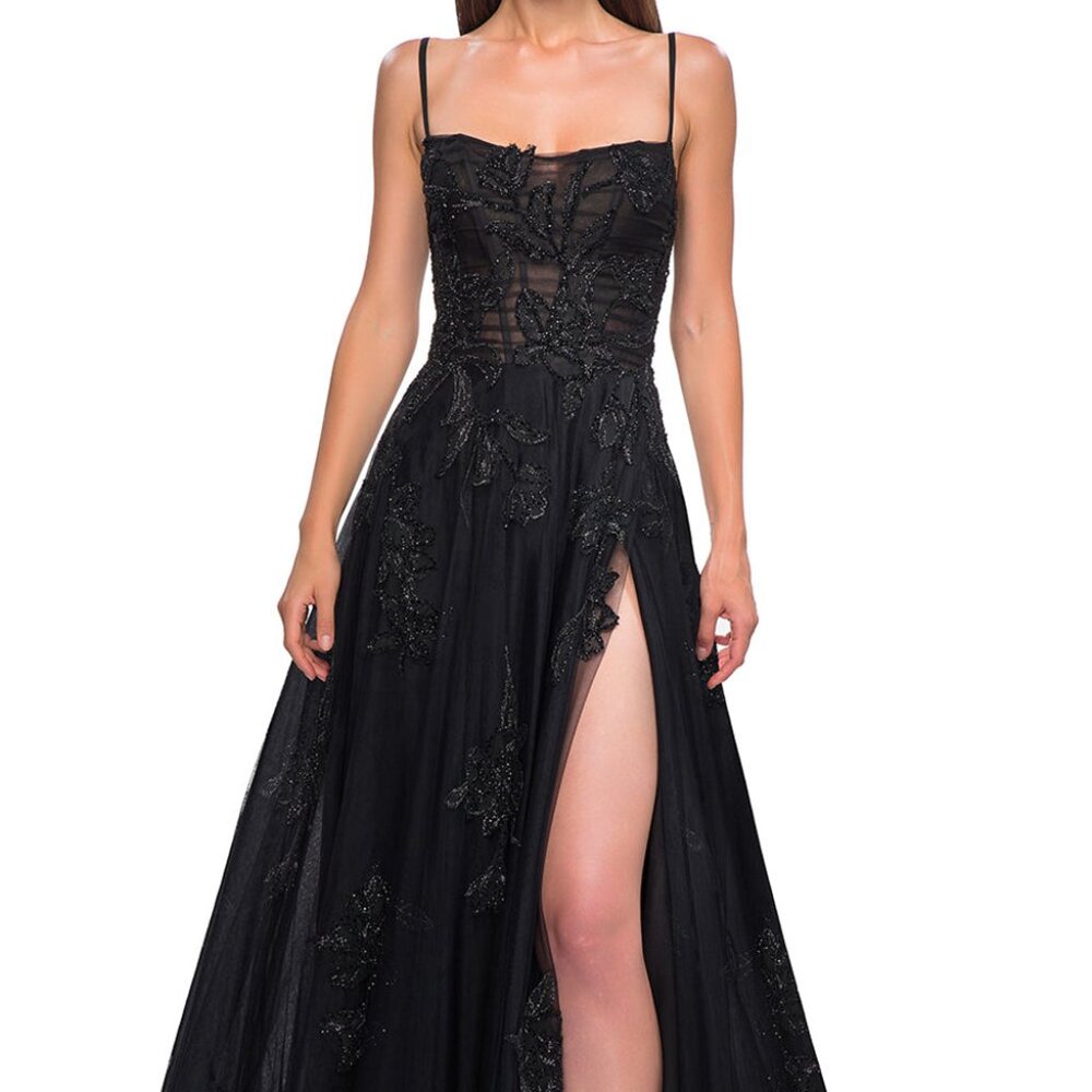 La Femme Black Beaded Spaghetti Strap Prom Gown with High Slit